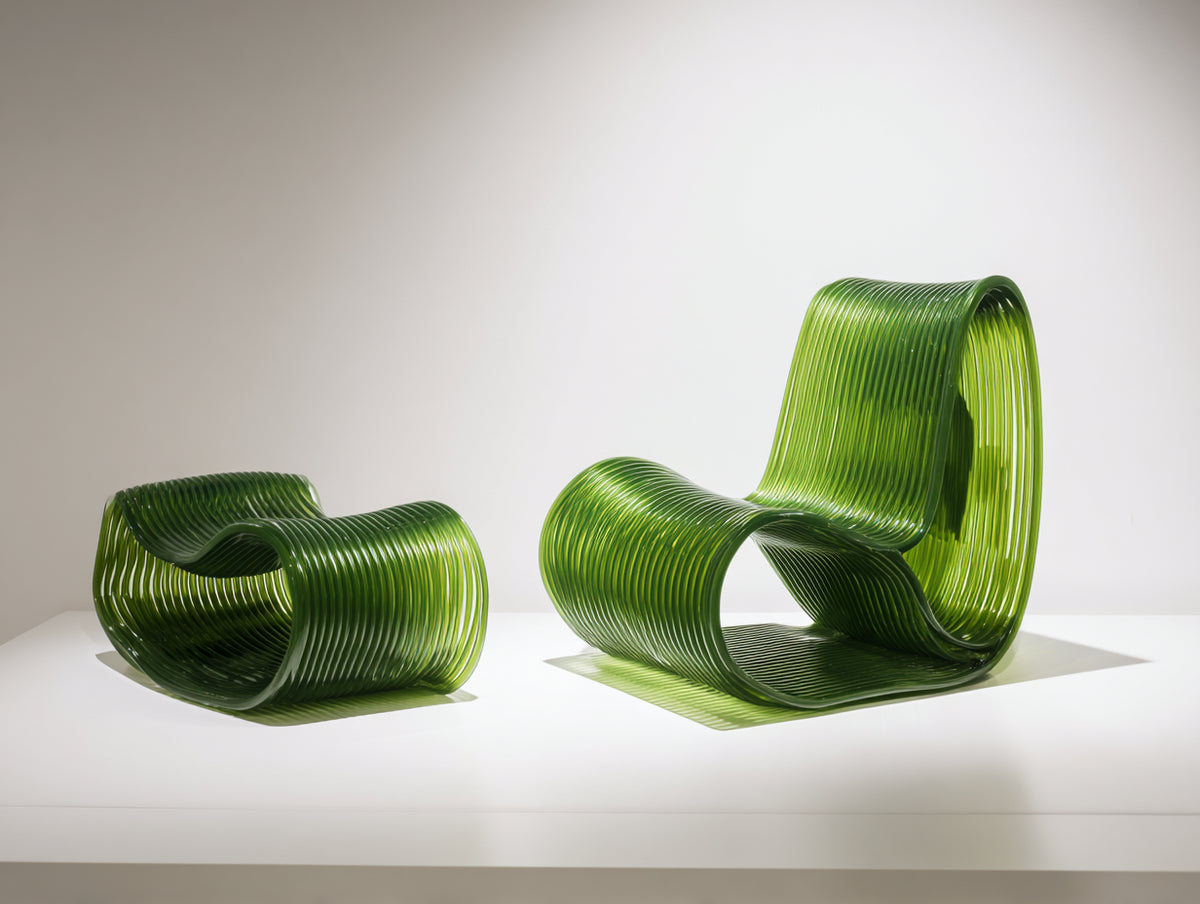 Liegestuhl-Set aus Kunststoff 86×92×98 cm – Grün – skulpturale Wellenform mit Fußhocker für Wohnzimmer