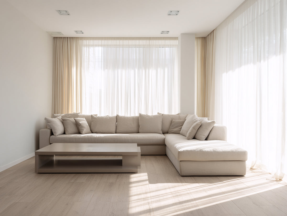Sofa mit Chaiselongue 305×210×80 cm - Hellbeige - bodennahe Loungeform fürs Wohnzimmer