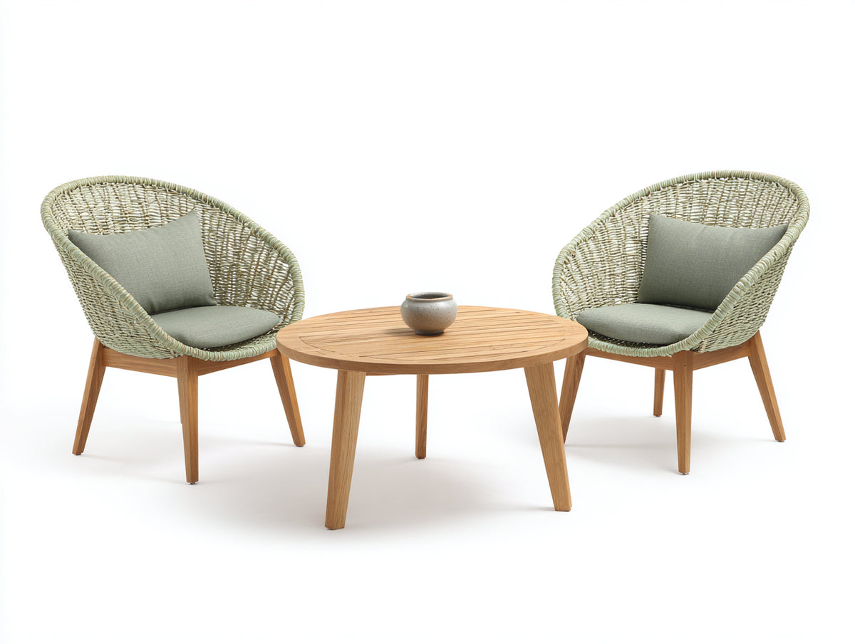 Tisch- und Stuhlset aus Holz und Geflecht 100×100×45 cm – Graugrün/Naturholz – Rundtisch mit zwei Sesseln für Wohnzimmer