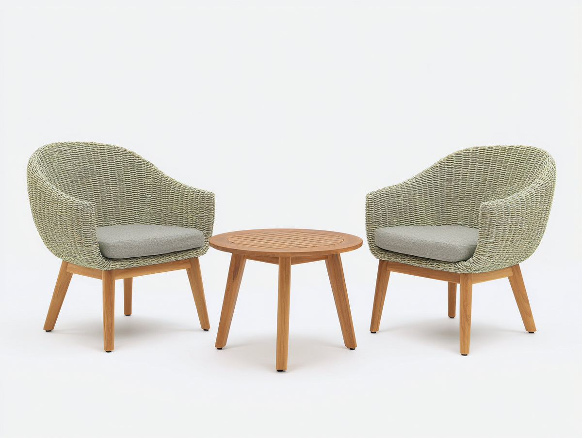 Tisch- und Stuhlset aus Flechtwerk und Holz 70×70×69 cm - Hellgrün/Graubeige/Naturbraun - runde Sitzgruppe fürs Wohnzimmer