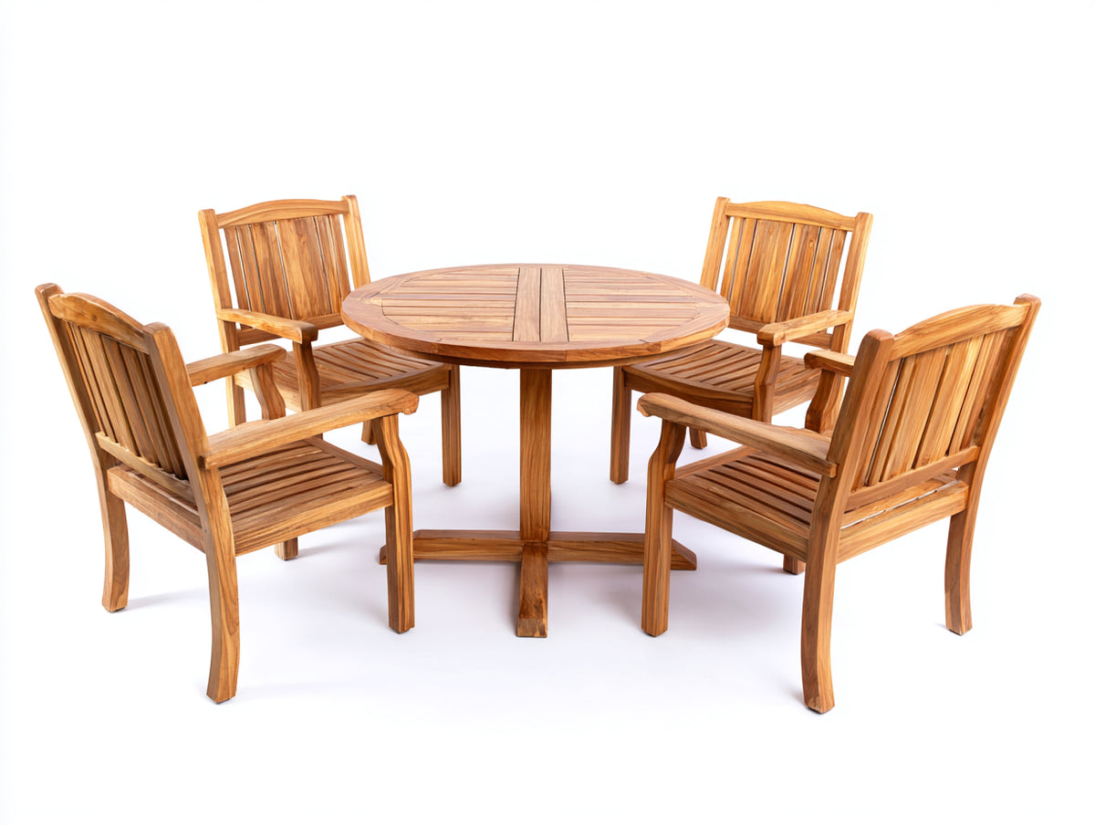 Tisch- und Stuhlset aus Teakholz 120×120×75 cm – Naturbraun – Rundtisch mit vier Armlehnstühlen für Wohnzimmer