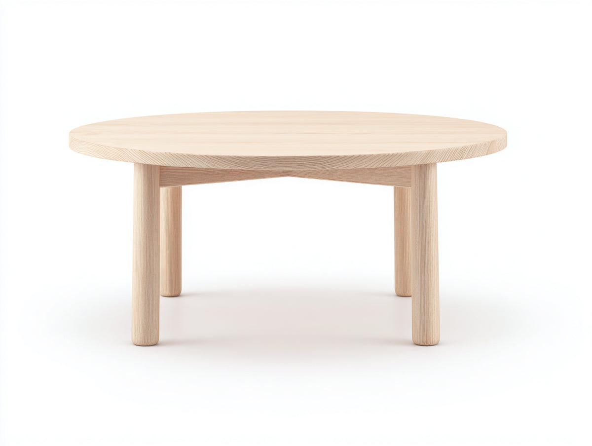 Couchtisch aus Holz 90×90×42 cm – Hellholz – runde Platte mit vier Holzbeinen für das Wohnzimmer