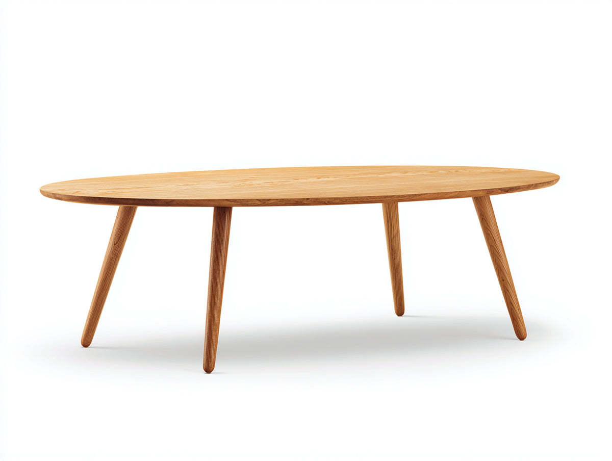 Couchtisch aus Holz 145×65×40 cm - Naturbraun - ovale Platte mit ausgestellten Beinen fürs Wohnzimmer