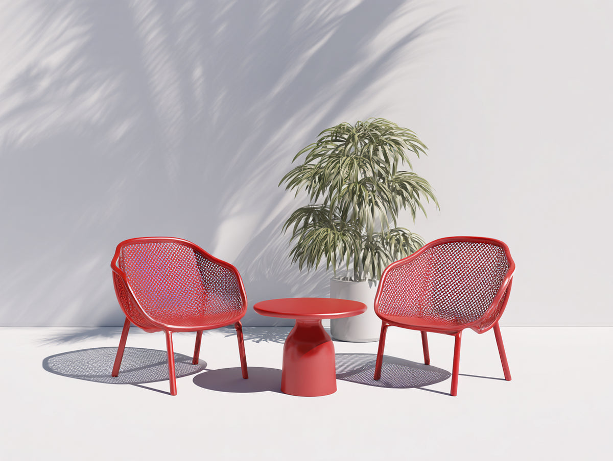 Tisch- und Stuhlset aus Kunststoff 68×68×48 cm - Korallenrot - 3-teilig mit Netzschalen fürs Wohnzimmer