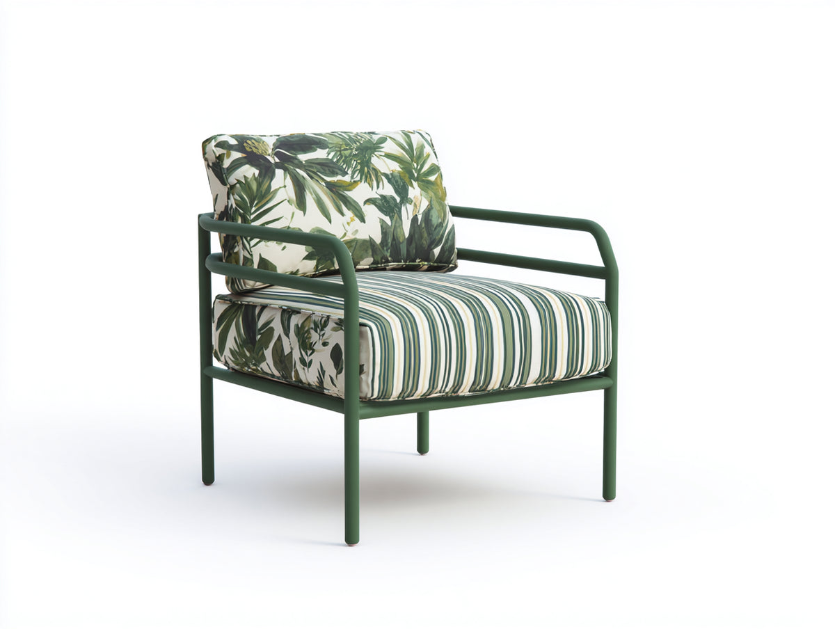 Liegestuhl 77×80×82 cm Metall und Polsterstoff Grün/Cremeweiß - botanisches Design mit Armlehnen