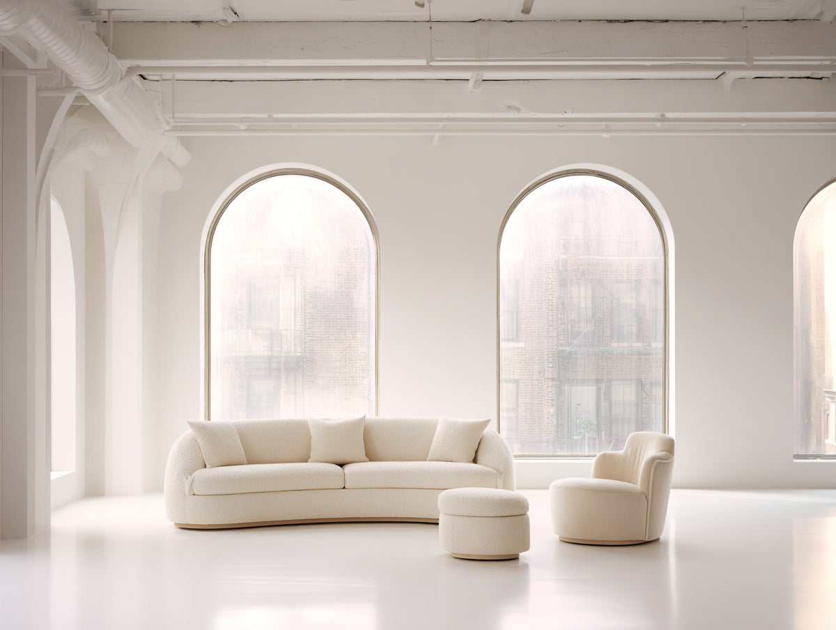 Sofa-Wohnzimmer-Set aus Strukturstoff 235×95×78 cm - Cremeweiß/Naturholz - Rundform mit Sessel und Fußhocker