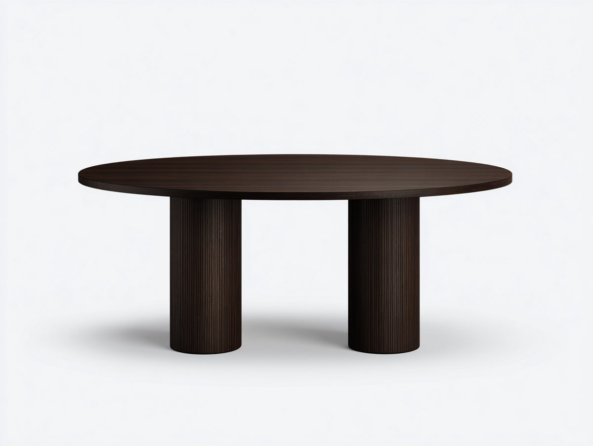 Couchtisch aus Holz 105×105×42 cm – Dunkelbraun – runde Platte auf zwei Rippensäulen für das Wohnzimmer