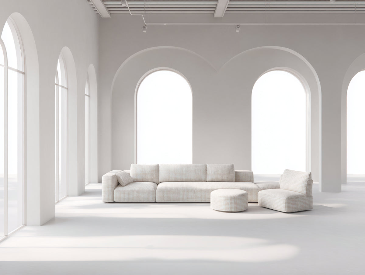 Sofa 310×105×72 cm Strukturstoff Elfenbein - tiefe Sitzfläche mit niedriger Linienführung fürs Wohnzimmer
