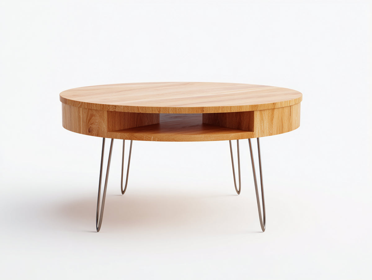 Couchtisch Ø90×45 cm Holz und Metall Naturbraun/Silber - mit offenem Ablagefach