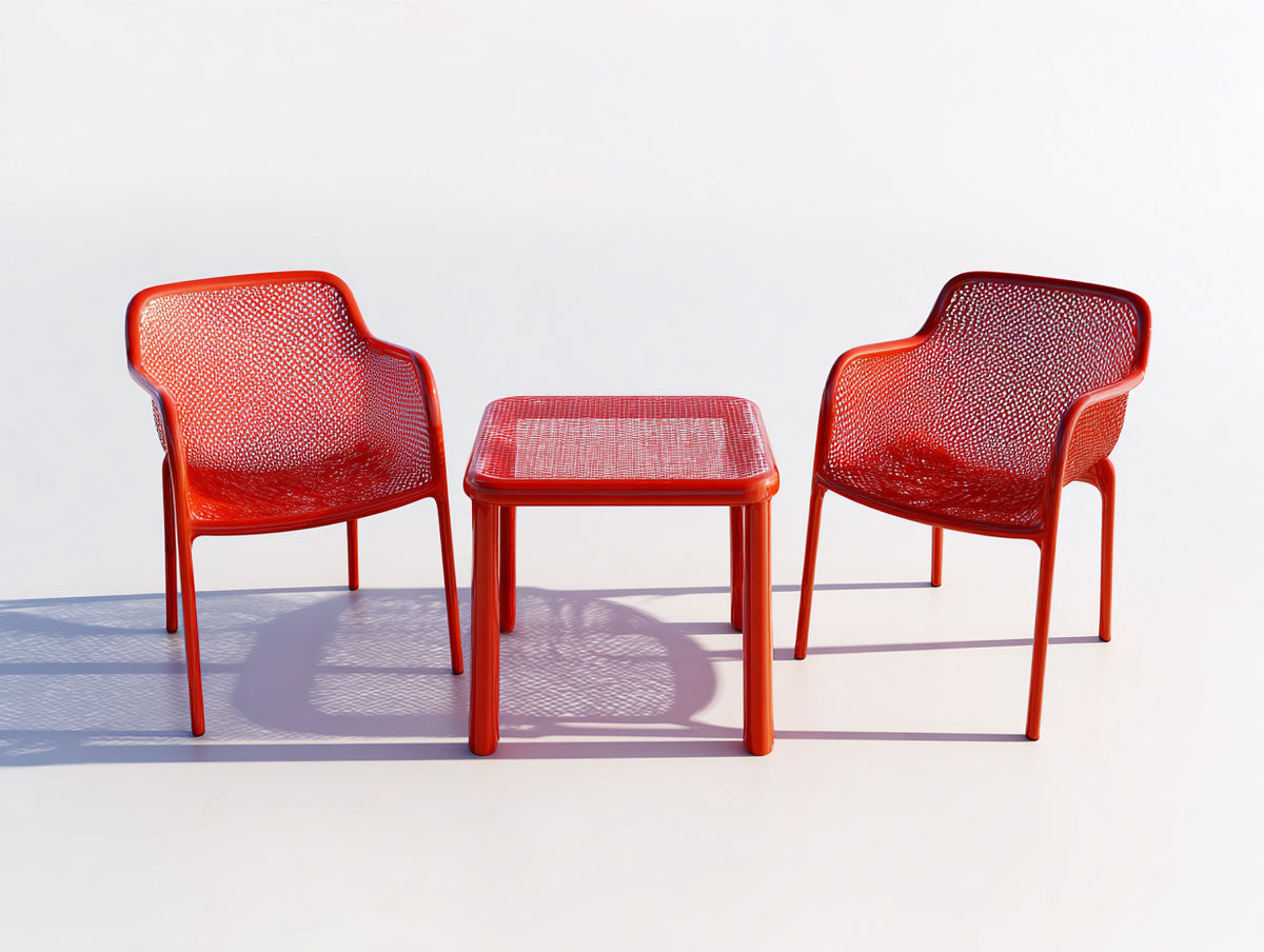 Tisch- und Stuhlset aus Kunststoff 65×65×48 cm – Rot – Quadrattisch mit zwei Netzschalen-Sesseln für Wohnzimmer